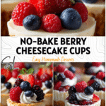 No-bake berry mini cheesecakes in cups topped with fresh berries and cream for a party dessert cup display